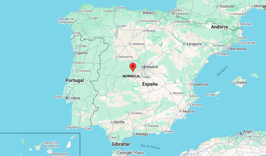 Mapa de España con Nombela marcado como el punto más interior